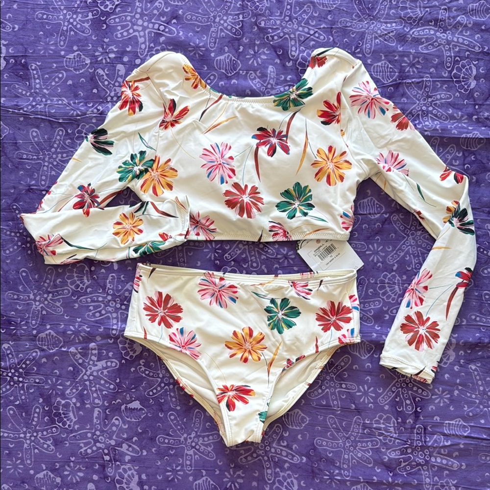 O’Neill Brook Floral Long Sleeve Crop Bikini Set sz 10